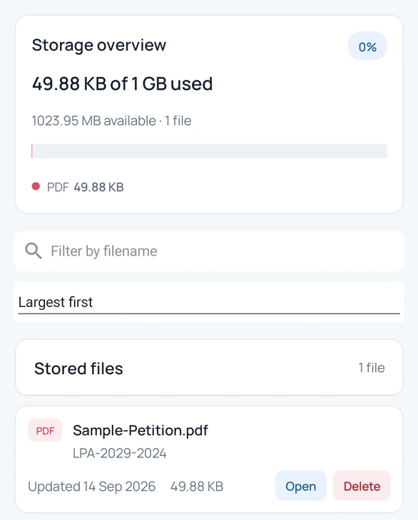 Storage and Files screen showing storage used and stored files