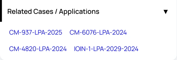 Related Cases and Applications section listing linked case numbers