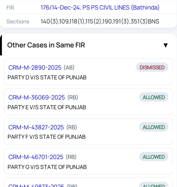 Other Cases in Same FIR list with case numbers and statuses