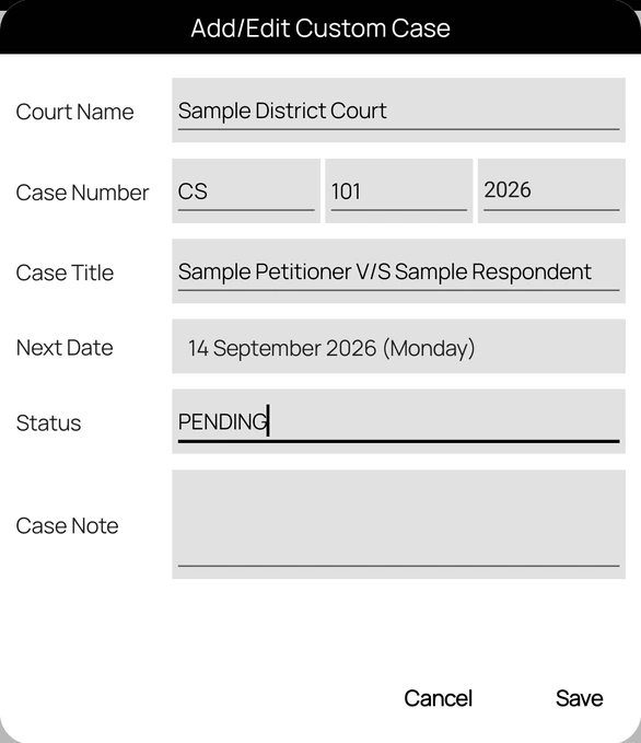 Add/Edit Custom Case form with court name, case number, title, next date, status, and note
