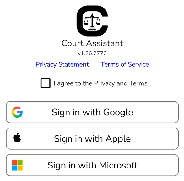 Court Assistant sign-in screen with the agreement checkbox and the Sign in with Google, Apple and Microsoft buttons
