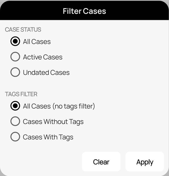 Filter Cases dialog with case status and tags filter options