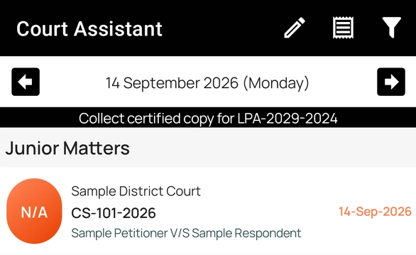Home screen with the date, day note, and a listed case, with Cause List and Filter actions