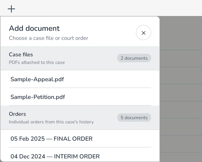 Add document panel listing case files and court orders