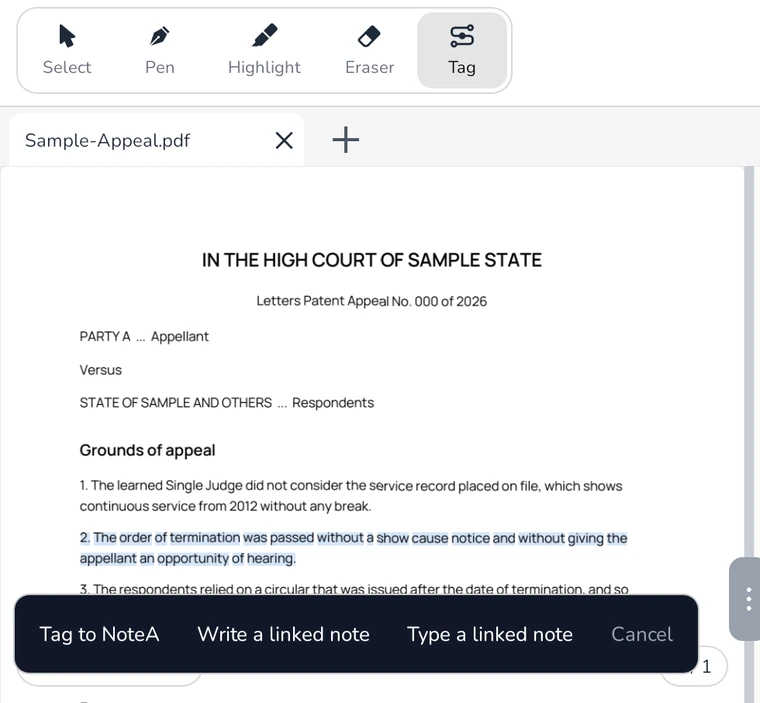 A passage selected with the Tag tool and the options to tag it or add a linked note