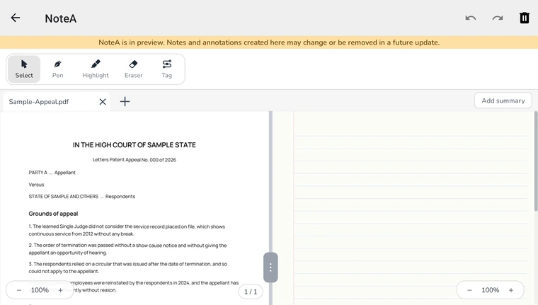 NoteA with a document on the left and a notes page on the right
