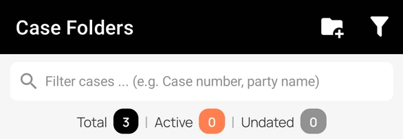 Case Folders header with filter box, add folder and filter actions, and case counts