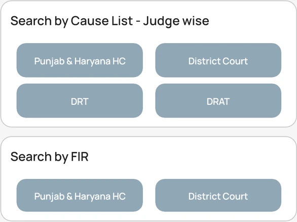 Search by Cause List and Search by FIR cards with court buttons