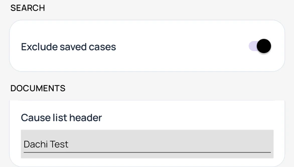 Settings with Exclude saved cases and Cause list header