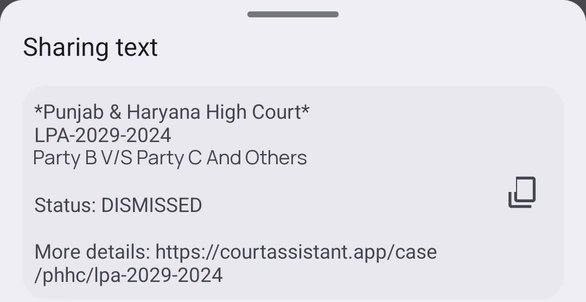 Share sheet showing the case text that will be shared