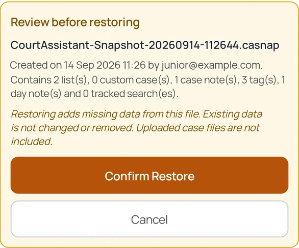 Review before restoring panel with snapshot details