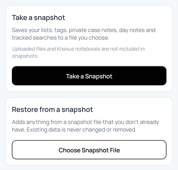 Snapshots screen with Take a Snapshot and Choose Snapshot File